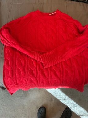 aerie Red Cable Knit Crewneck Sweater womens-xxs